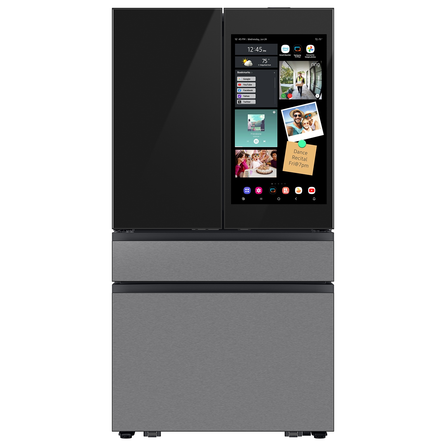 Samsung Bespoke Counter-Depth Family Hub 22.5-cu ft 4 -Door Smart Compatible French Door Refrigerator with Dual Ice Maker with Water Dispenser and Door within Door ( Charcoal Glass Top with Stainless Steel Bottom Panels ) ENERGY STAR Certified