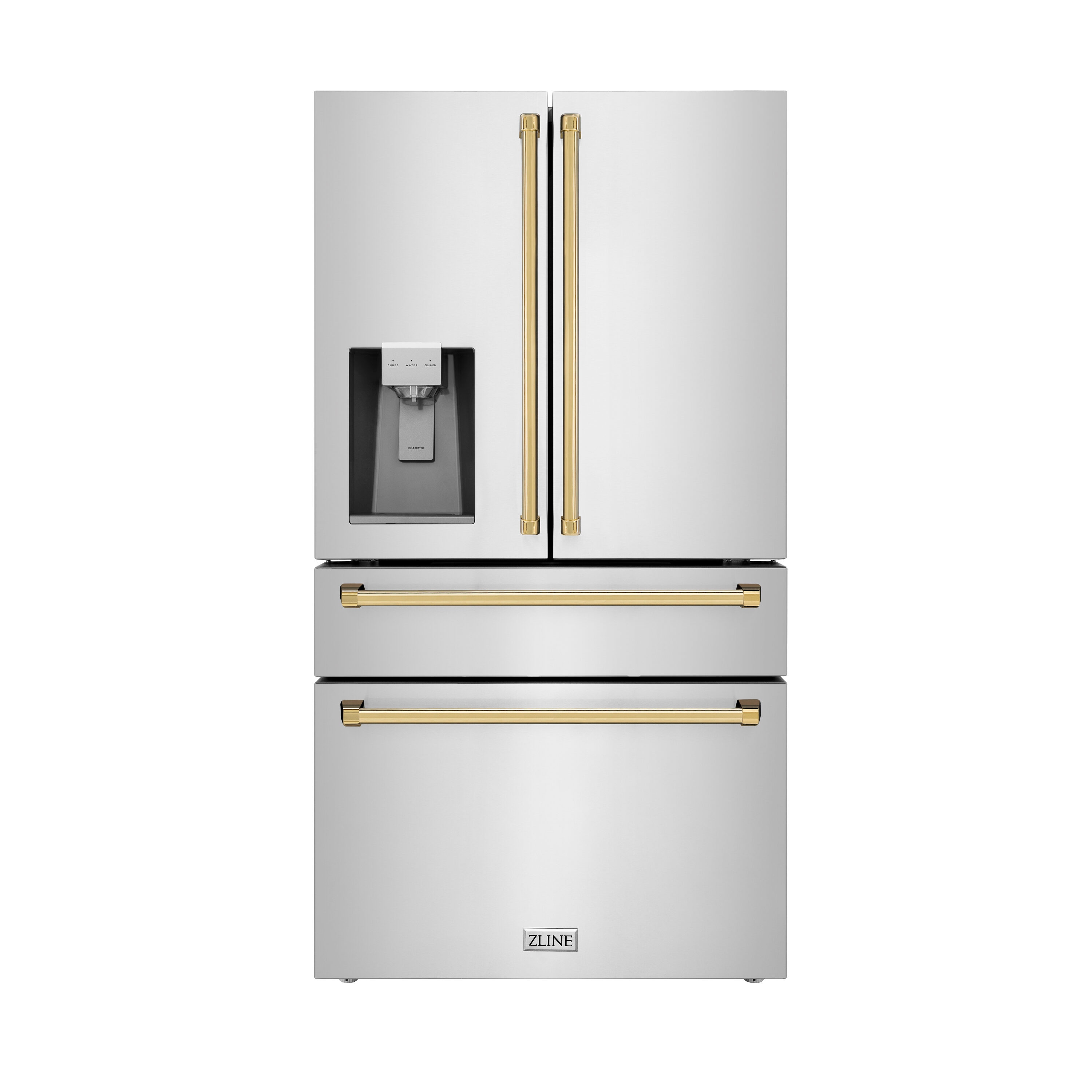 ZLINE KITCHEN & BATH Counter-Depth 21.6-cu ft 4 -Door French Door Refrigerator with Ice Maker with Water Dispenser ( Fingerprint Resistant Stainless Steel with Polished Gold accent Handles ) ENERGY STAR Certified